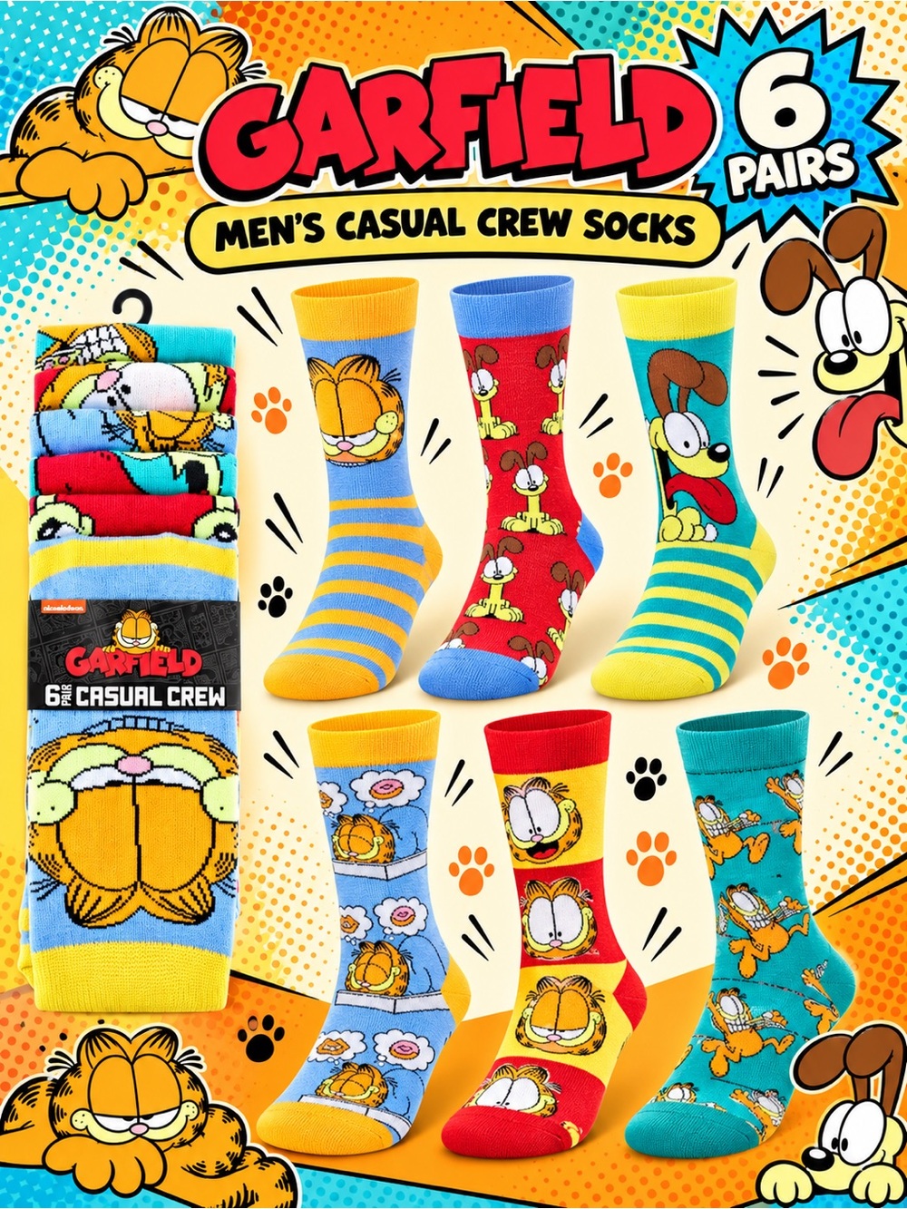 NWT Garfield Men's 6-Pack Casual Crew Socks - Multicolor